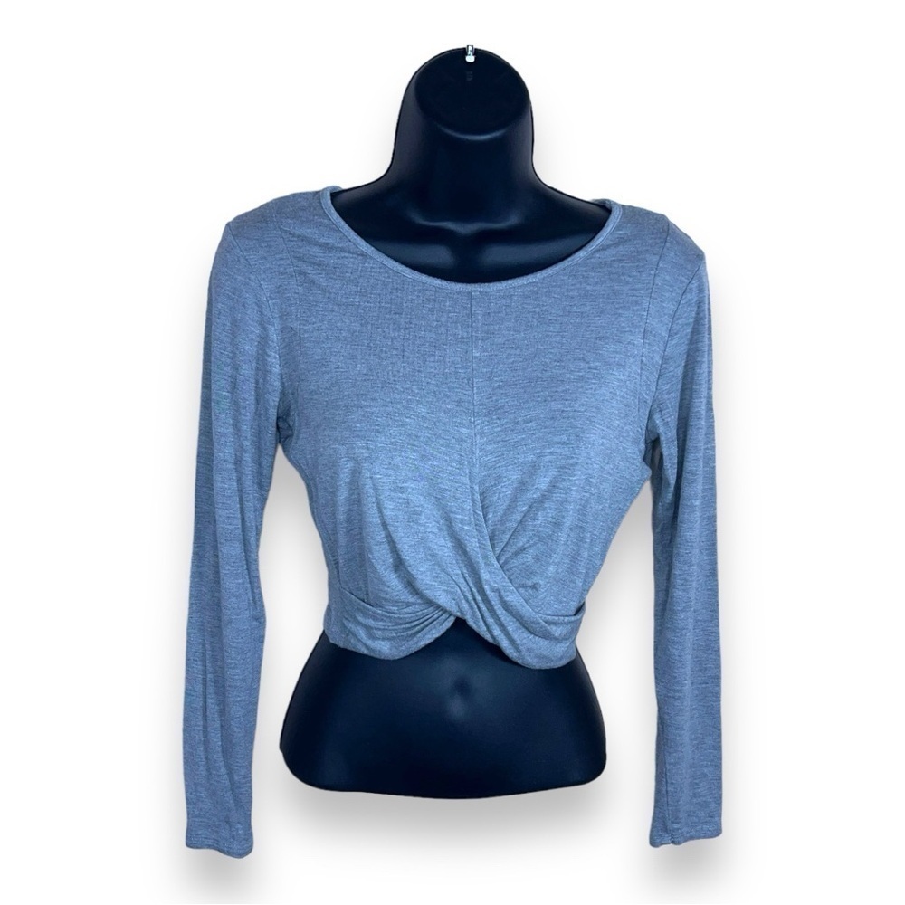 XS AS REVIVAL LIGHT GREY LONG SLEEVE TWIST KNOT CROP TOP STRETCH